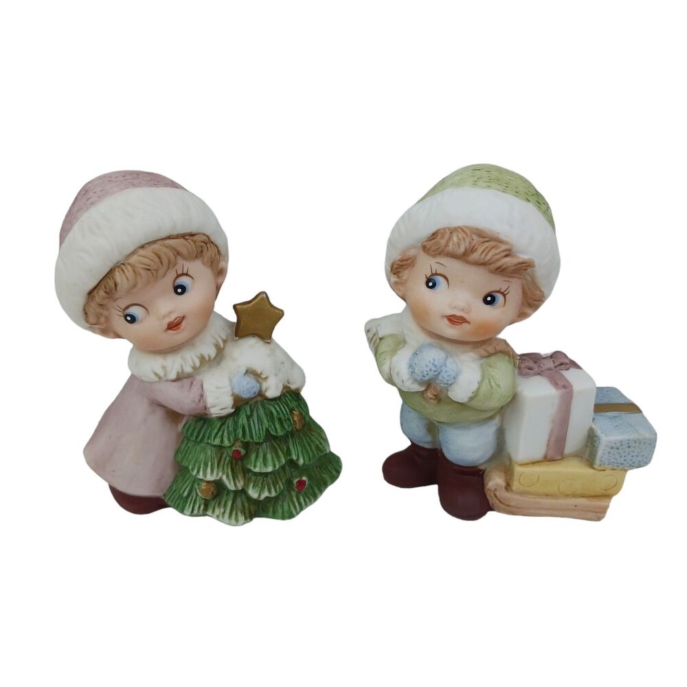 Vintage Homco Christmas 5556 Porcelain Christmas Boy & Girl Figurines